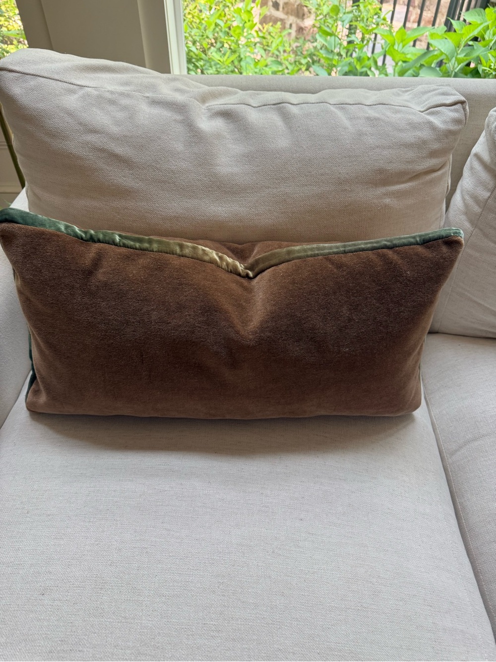 Kevin O'Brien Brown Velvet Lumbar Pillow with Green Velvet Piping